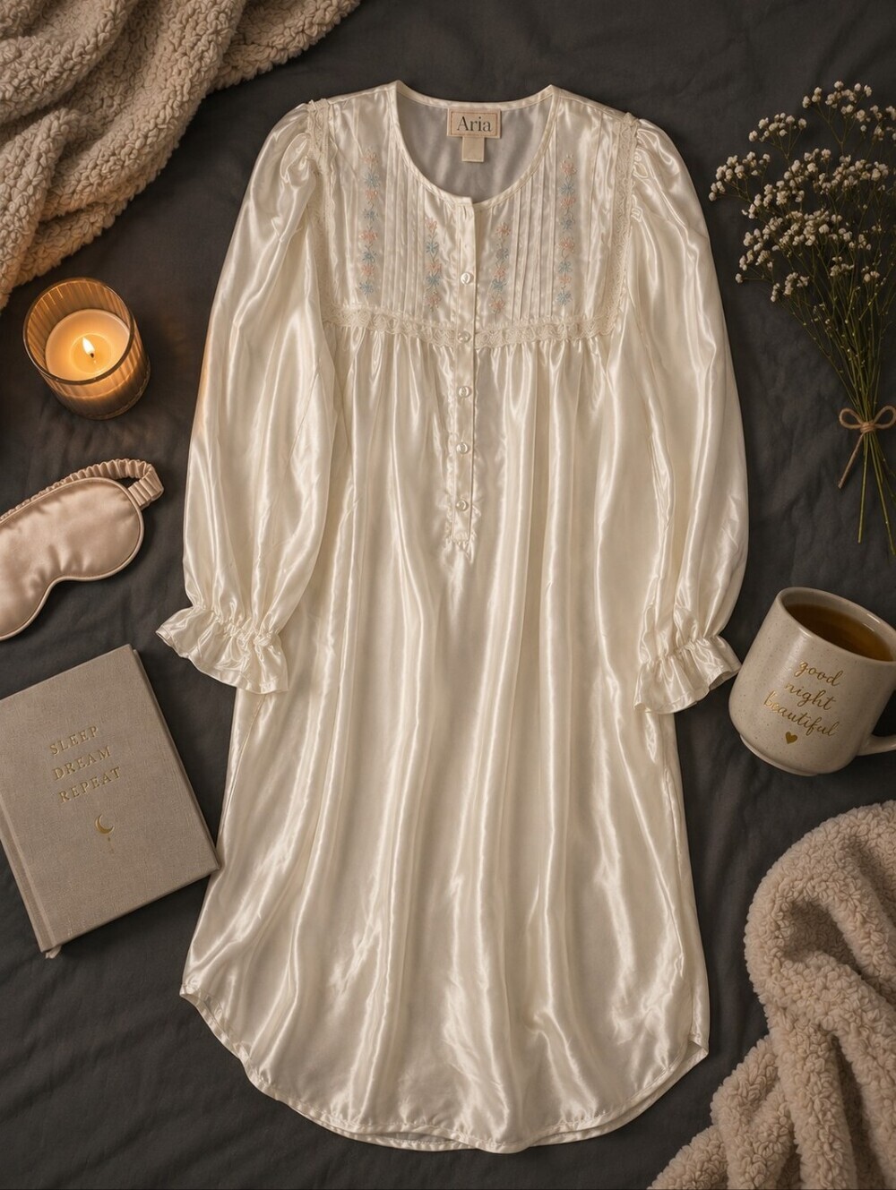 NWT Aria White Satiny L Sleeve Embroydered Lacey Nightgown. Ladies Med